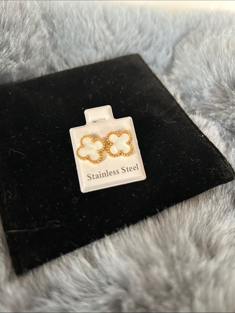 Gold and White Clover Stainless Steel Stud Earrings